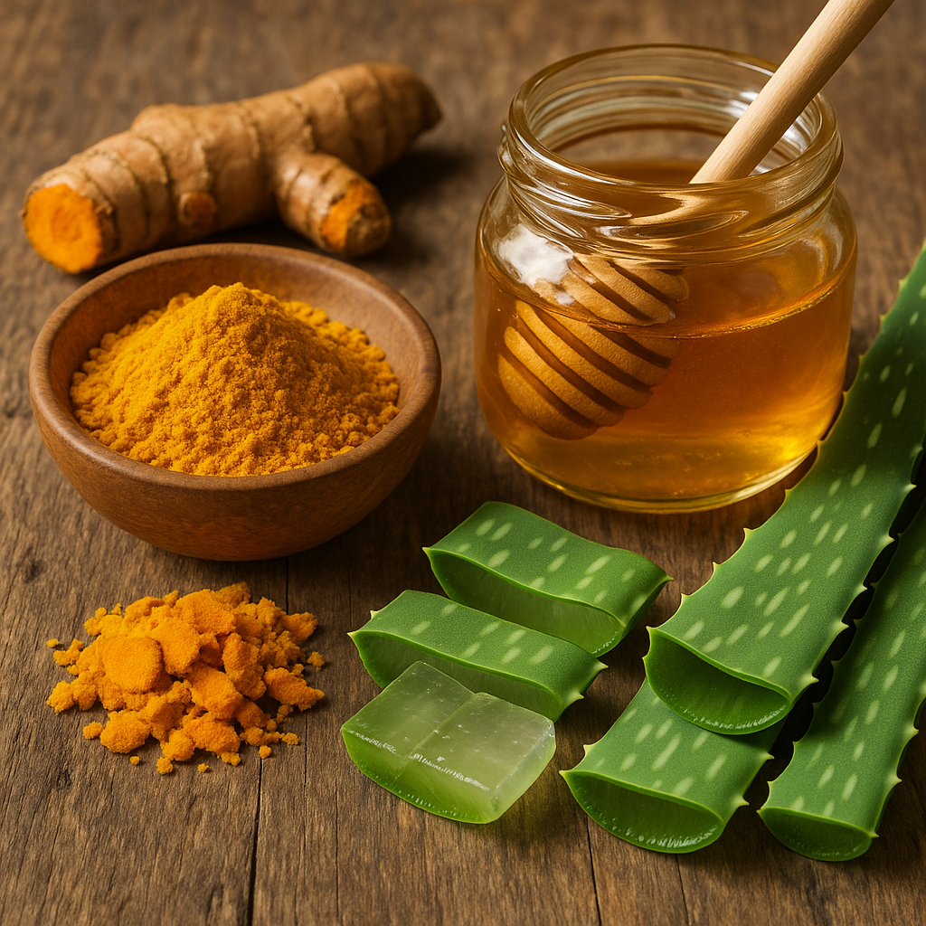A close-up of natural skincare ingredients like turmeric, honey, and aloe vera arranged on a rustic wooden table. Alt: Natural remedies to fade hyperpigmentation naturally.