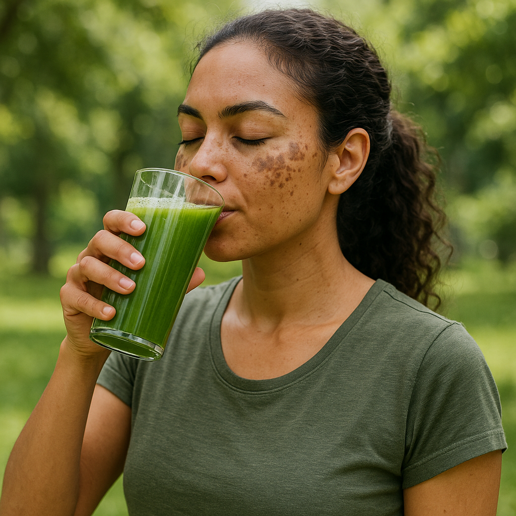 Woman enjoying fresh green juice outdoors, symbolizing diet and lifestyle support for natural hyperpigmentation fading. Alt: Natural methods to fade hyperpigmentation through diet and lifestyle.