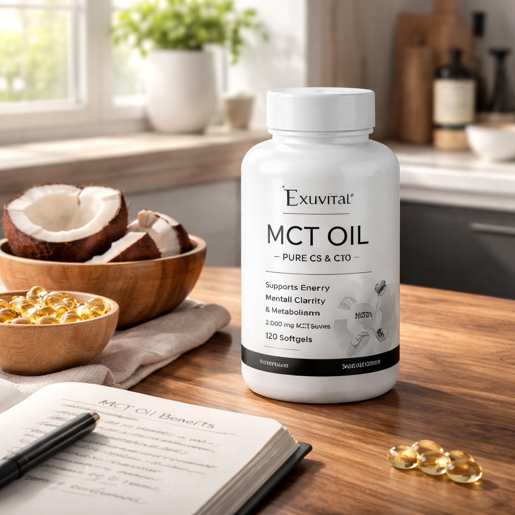 A photorealistic scene of a white bottle of MCT oil supplement on a wooden kitchen counter beside an open notebook with handwritten ingredient notes, natural daylight streaming in. Alt: natural weight loss supplement reviews – MCT oil ingredient benefits illustration.