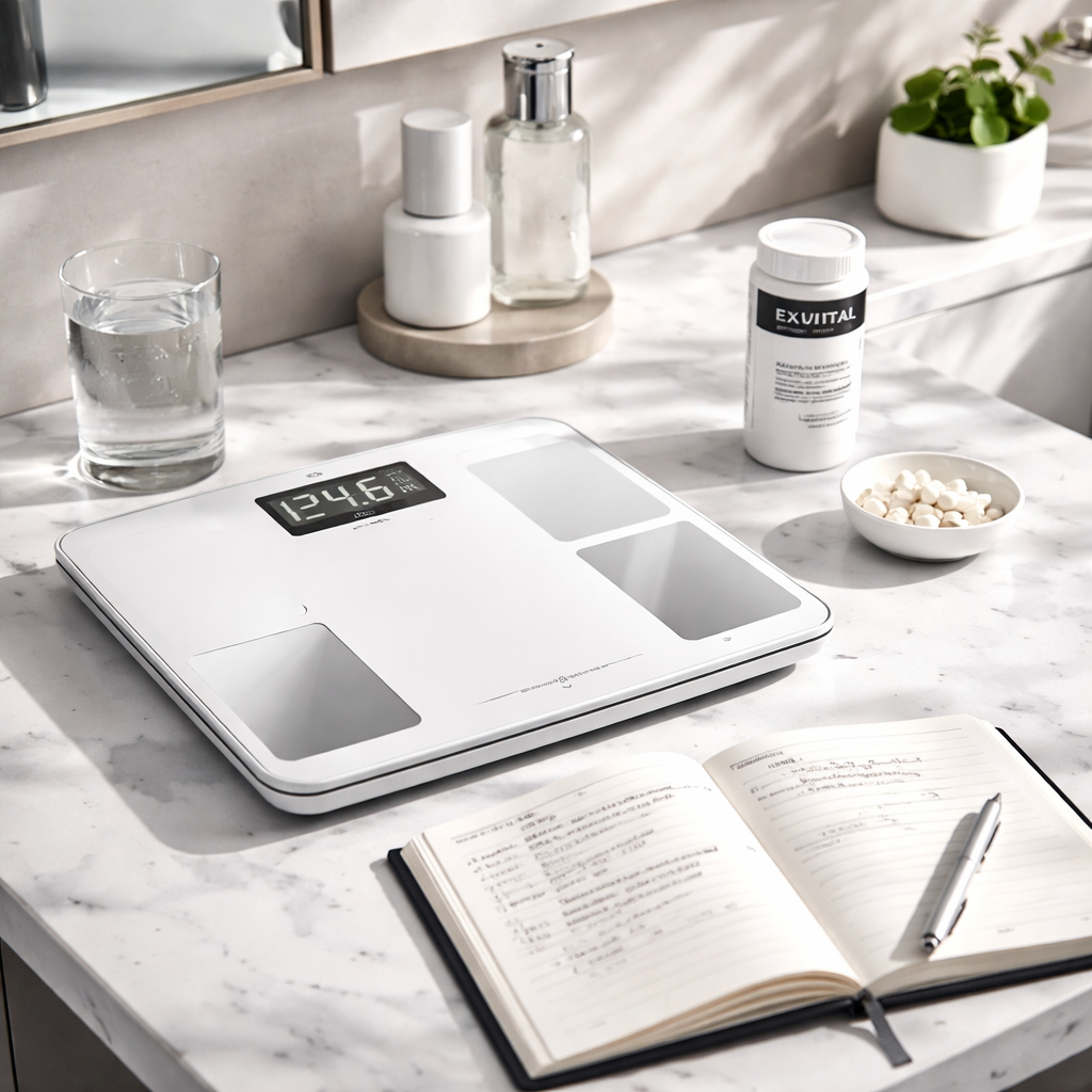 A photorealistic scene of a modern bathroom vanity with a sleek body‑fat analyzer, a glass of water, a notebook open to a daily log, and soft natural light. Alt: Person tracking natural weight loss supplement results with body composition tools.