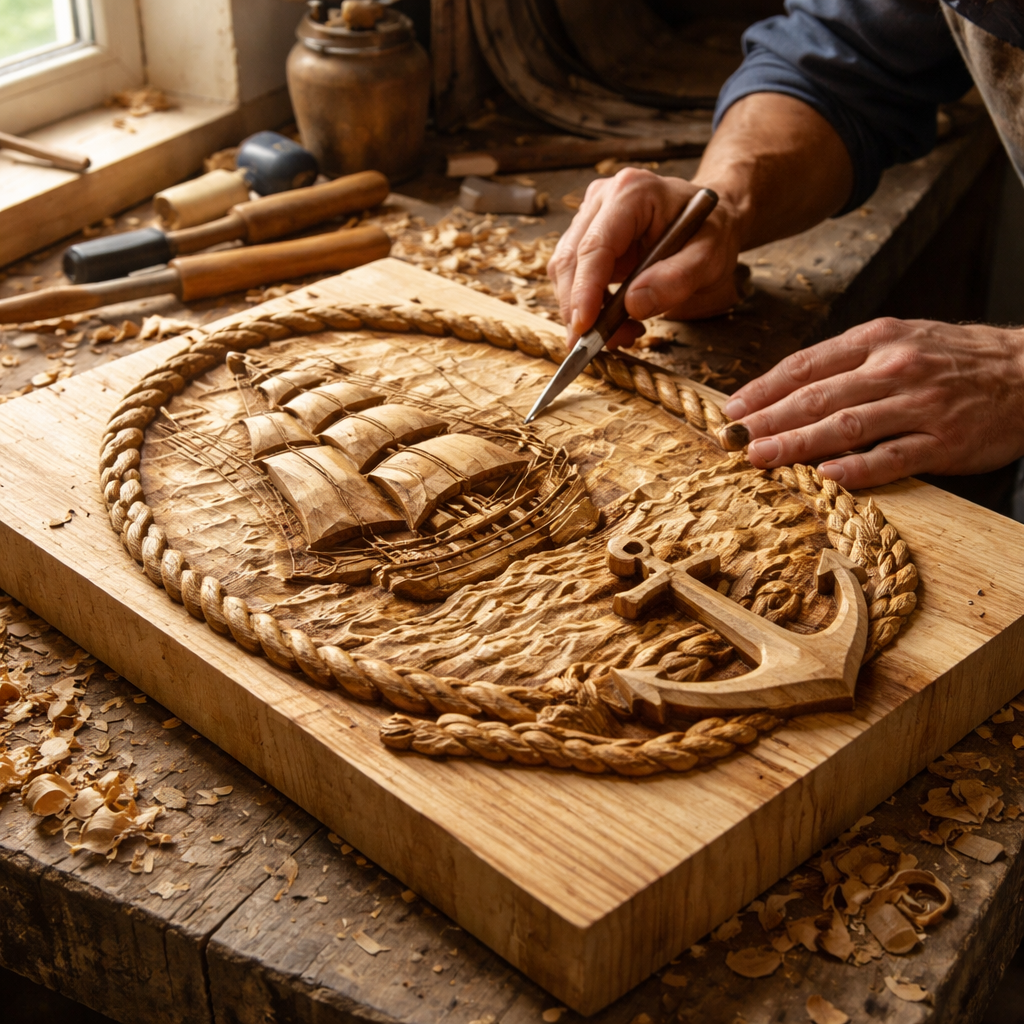 A photorealistic scene of a craftsman hand‑carving a nautical motif from a block of Canadian pine in a bright workshop, natural light highlighting the wood grain. Alt: Hand‑crafted nautical wood wall art made from Canadian pine, showcasing detailed carving and natural finish.