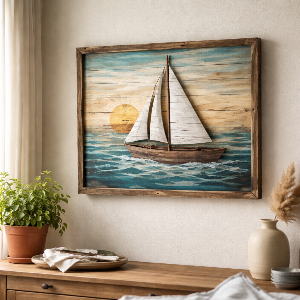 A photorealistic scene of a living room wall featuring a hand‑painted nautical wood wall art piece, such as a sailboat, hanging at eye level with soft natural light highlighting the grain and paint, a small brush and cloth on a nearby table indicating cleaning, Alt: nautical wood wall art displayed and cared for in a cozy home setting.