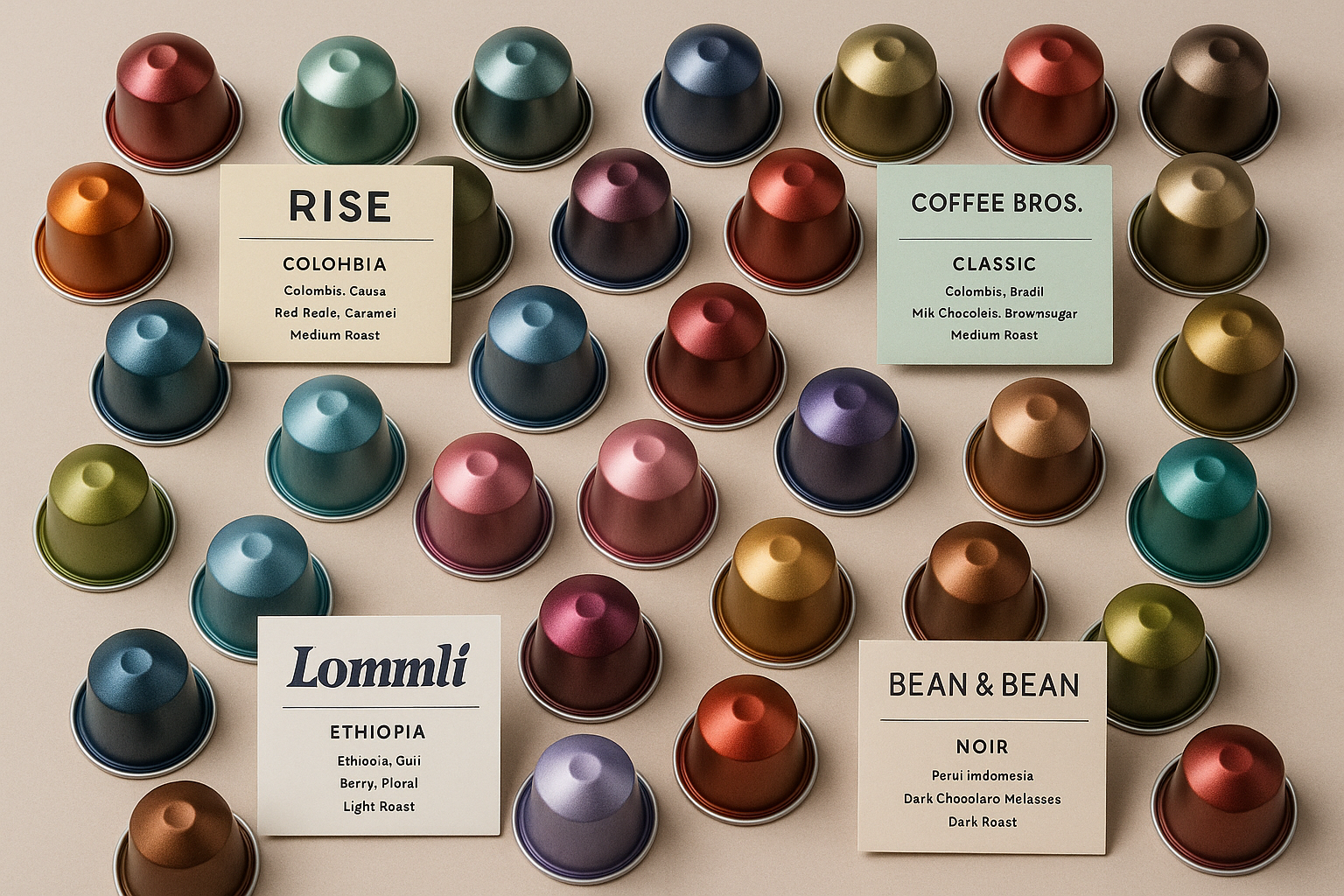 An assortment of colorful coffee pods from top subscription boxes arranged neatly with tasting cards. Alt: Premium coffee pods delivered by top coffee pod subscription box services for 2025.