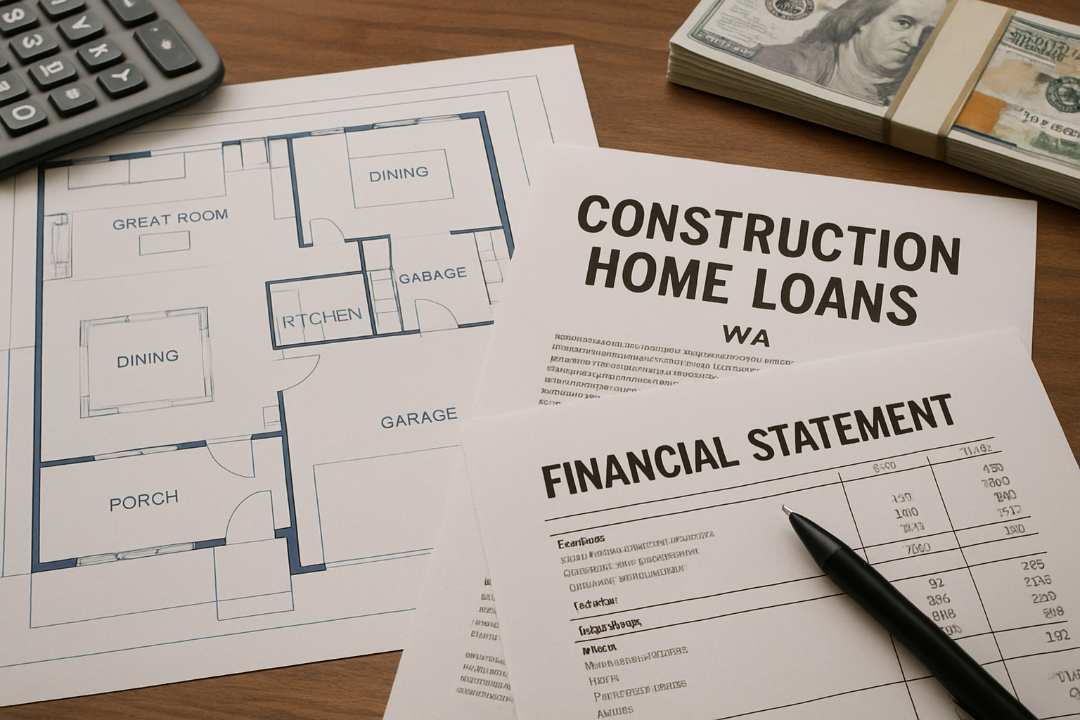 Blueprint and financial documents on a desk, showing planning for construction home loans WA. Alt: Planning and documentation for construction home loans WA.