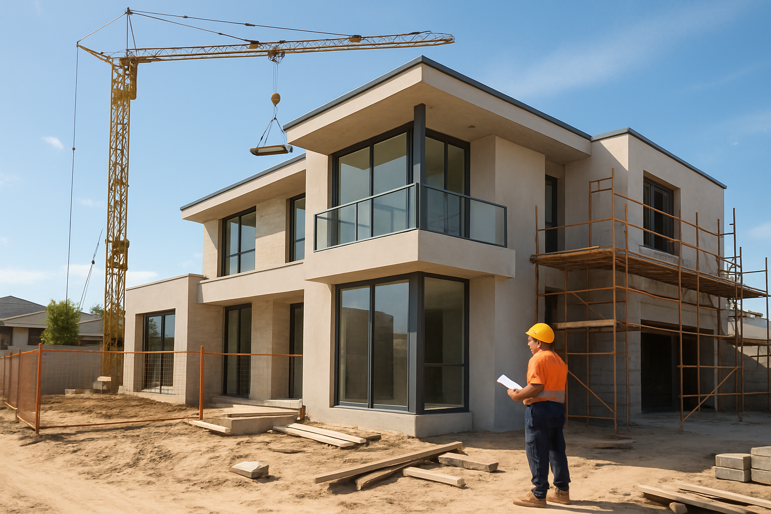Modern Perth home under construction with crane and builder on site. Alt: Construction loans Perth financing new home builds.