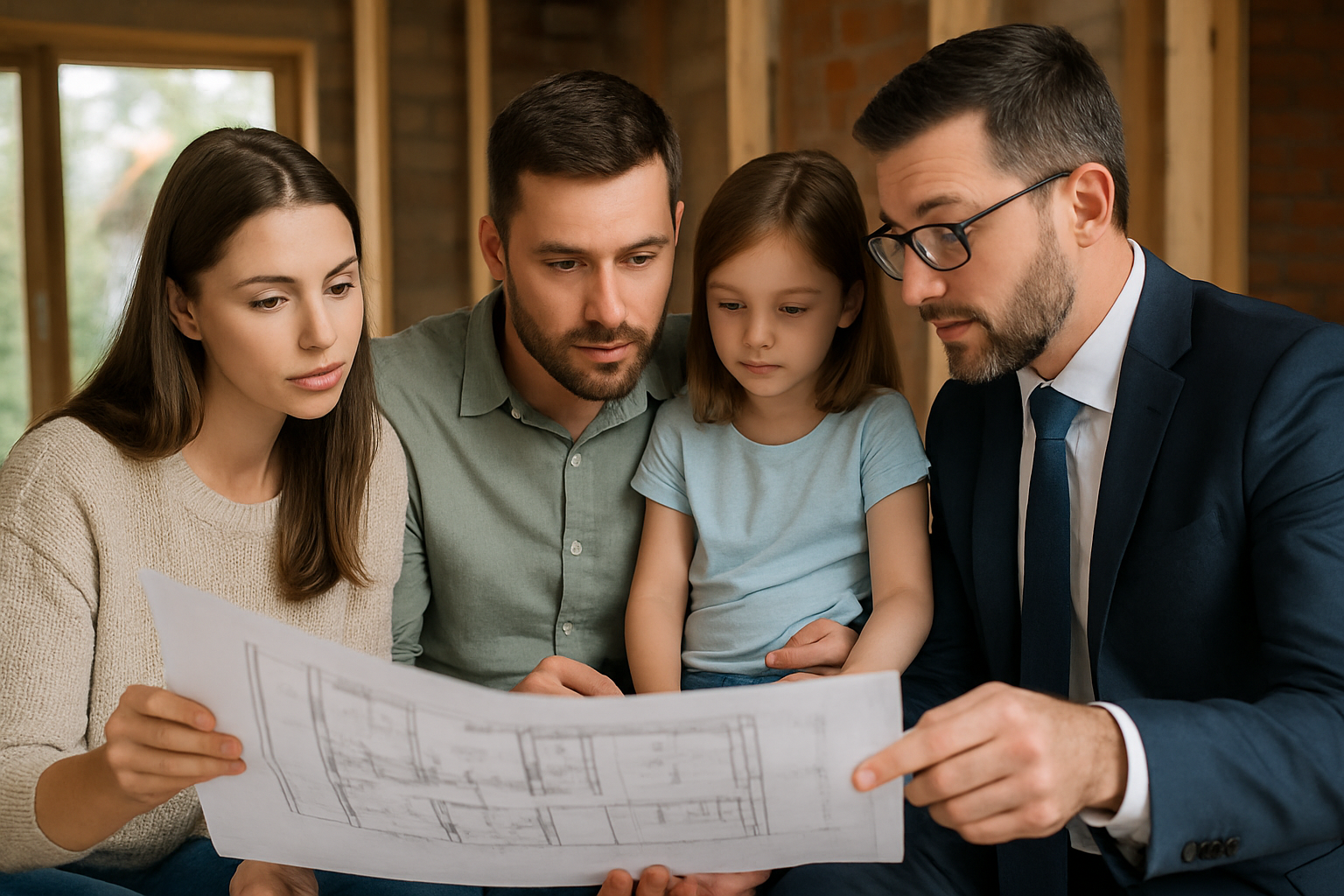 Young family reviewing home construction plans with mortgage broker. Alt: Construction loans Perth expert advice and planning.