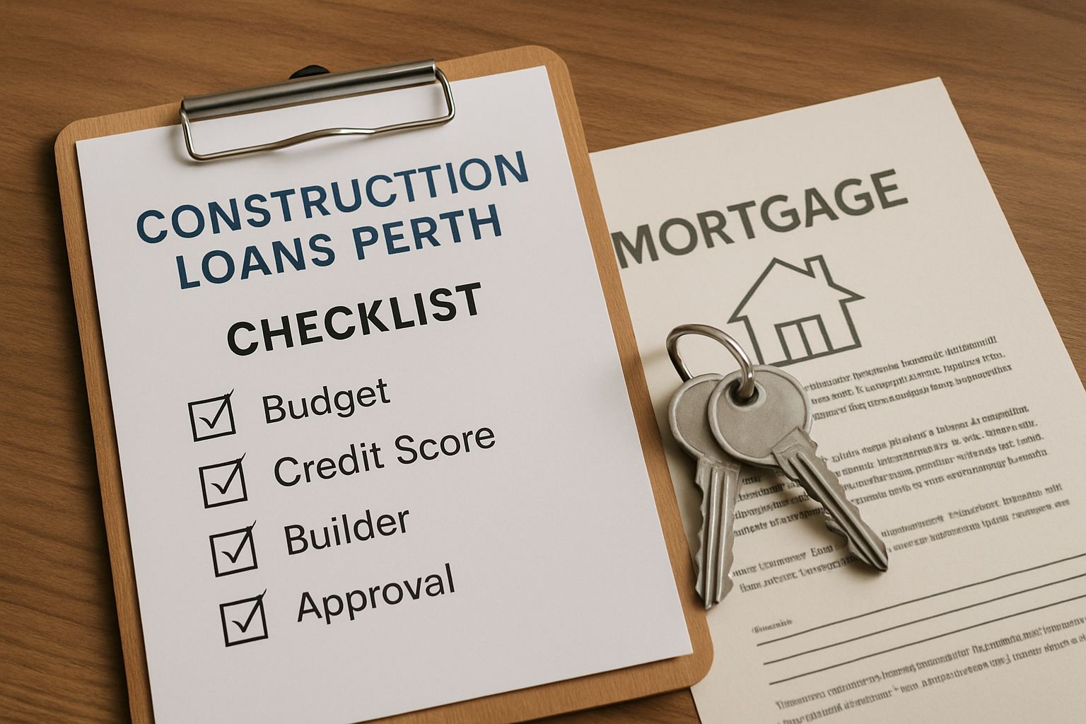 Checklist with keys and mortgage documents on a desk. Alt: Construction loans Perth checklist and mortgage planning.