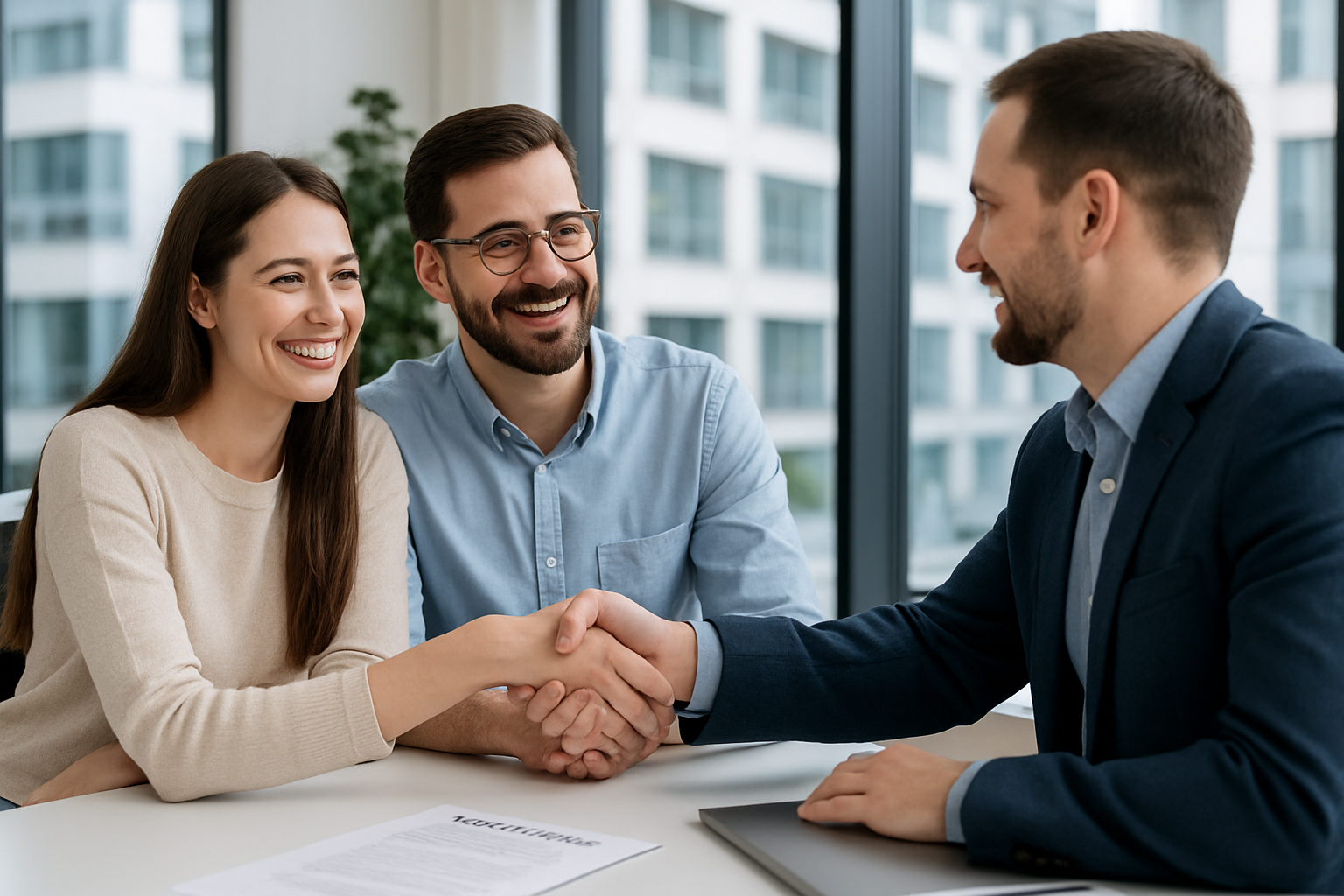Happy young couple shaking hands with mortgage broker in modern office. Alt: Perth construction loans from trusted home loan brokers.