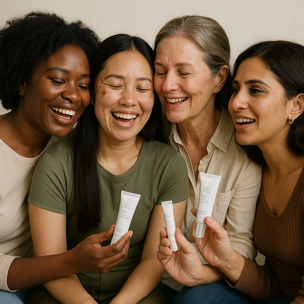 A diverse group of women sharing glowing testimonies about the dark spot duo, embodying trust and community. Alt: Emotional customer journeys dark spot duo community support