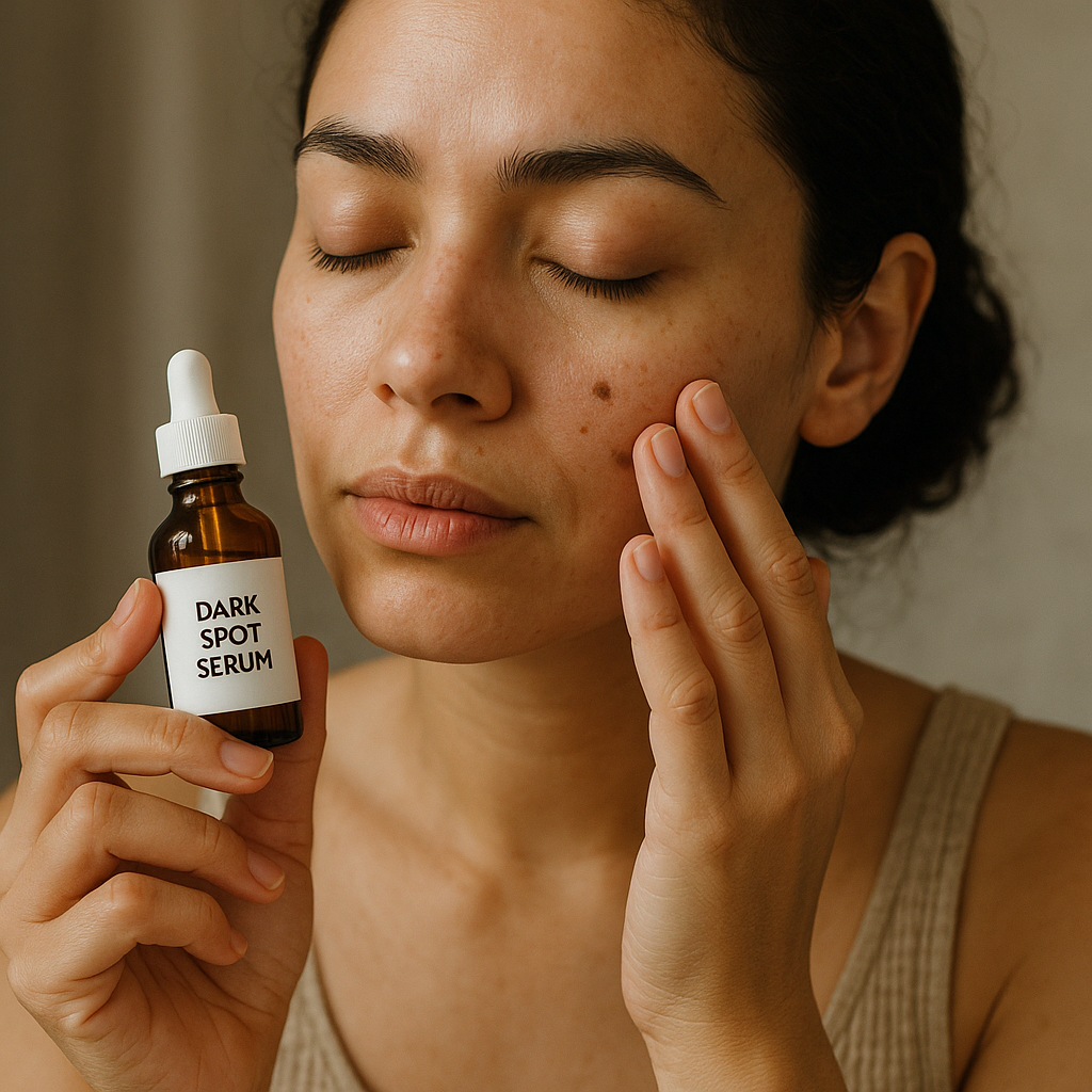 A serene moment showing a user applying dark spot serum with intention and care. Alt: Emotional customer journeys dark spot duo mindful skincare routine