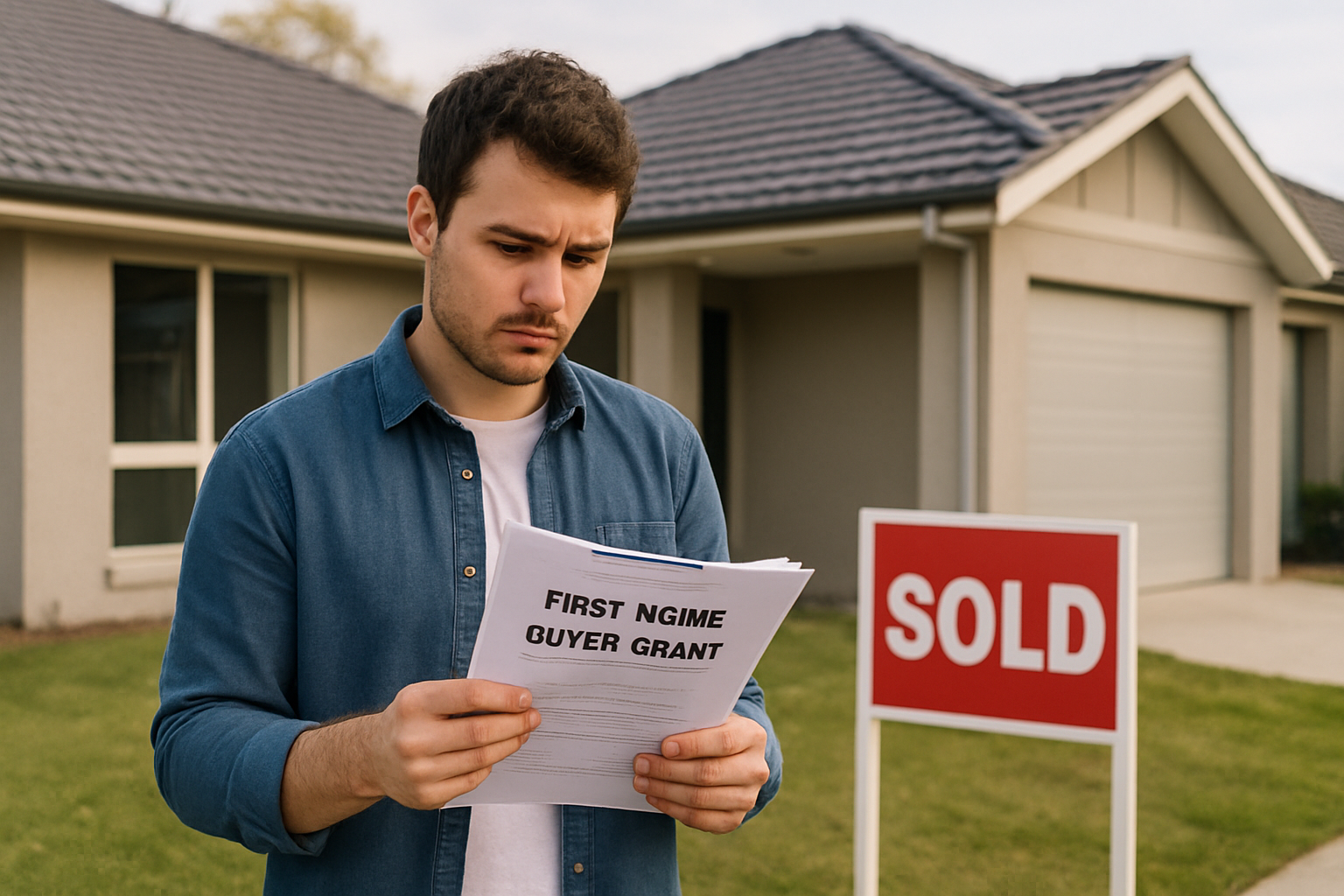 First home buyer checking documents next to a new house. Alt: First home buyer grants WA benefits for new homeowners.