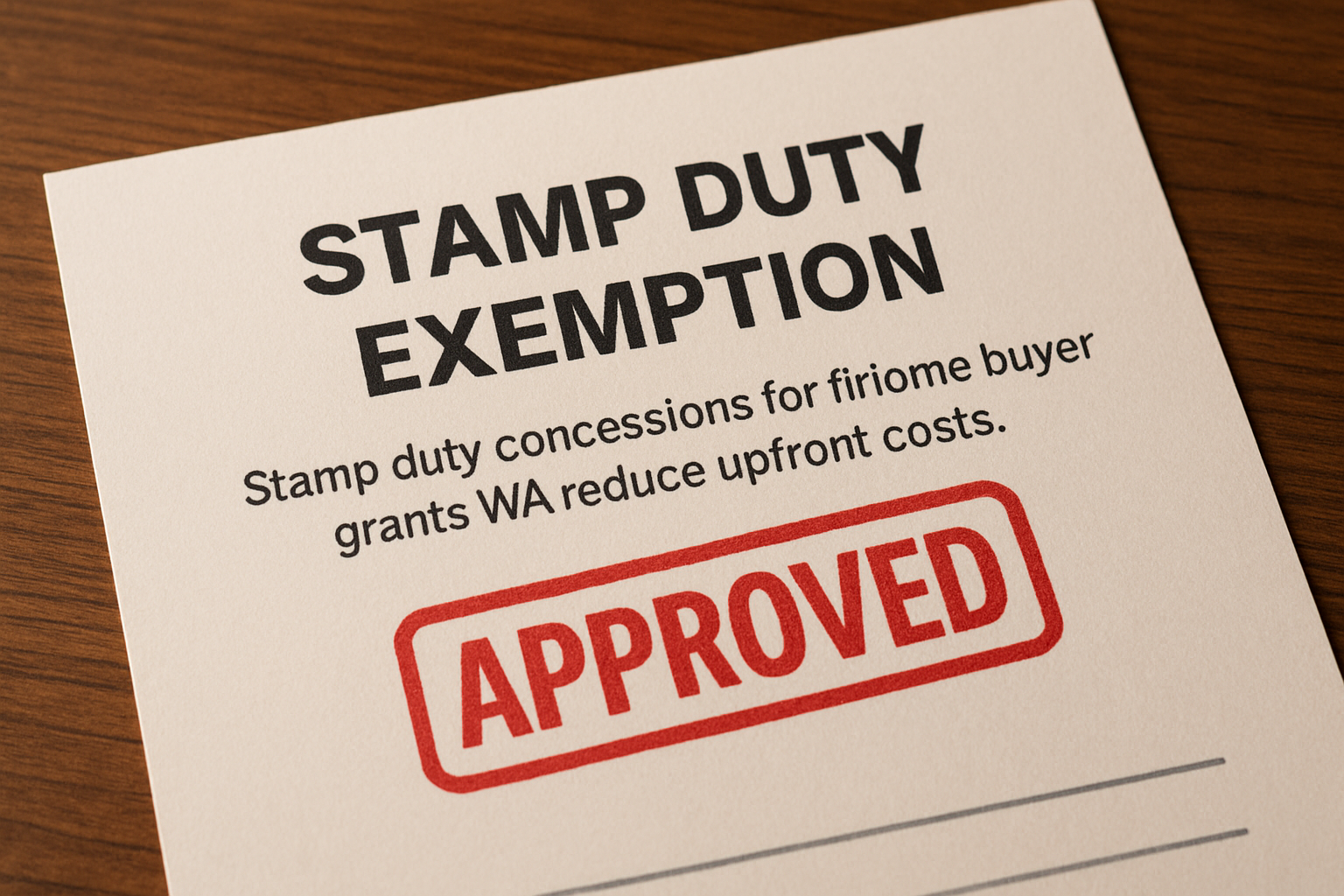Stamp duty exemption paperwork stamped approved symbol. Alt: Stamp duty concessions for first home buyer grants WA reduce upfront costs.