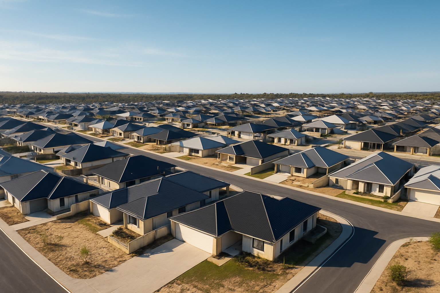 Panoramic view of new suburban housing developments in Baldivis, WA. Alt: First home buyer grants WA guidance on popular local suburbs.