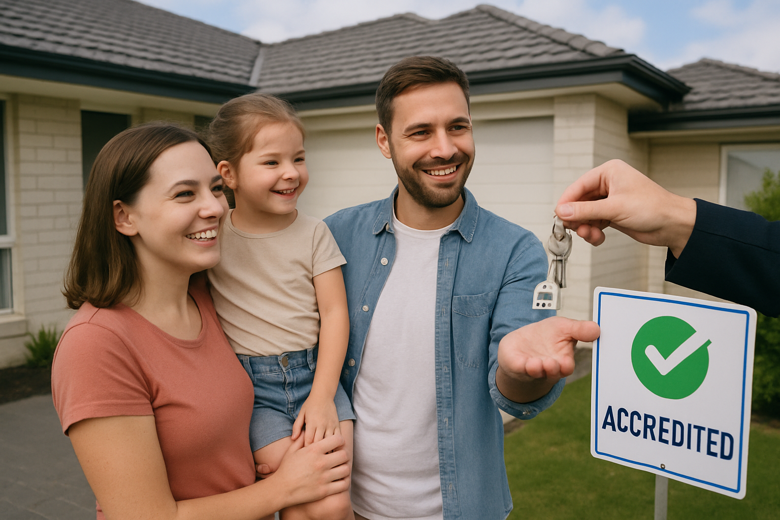 Happy family receiving keys to their new accredited home in Perth, symbolizing successful use of grants. Alt: First home buyer loans perth grant assistance.