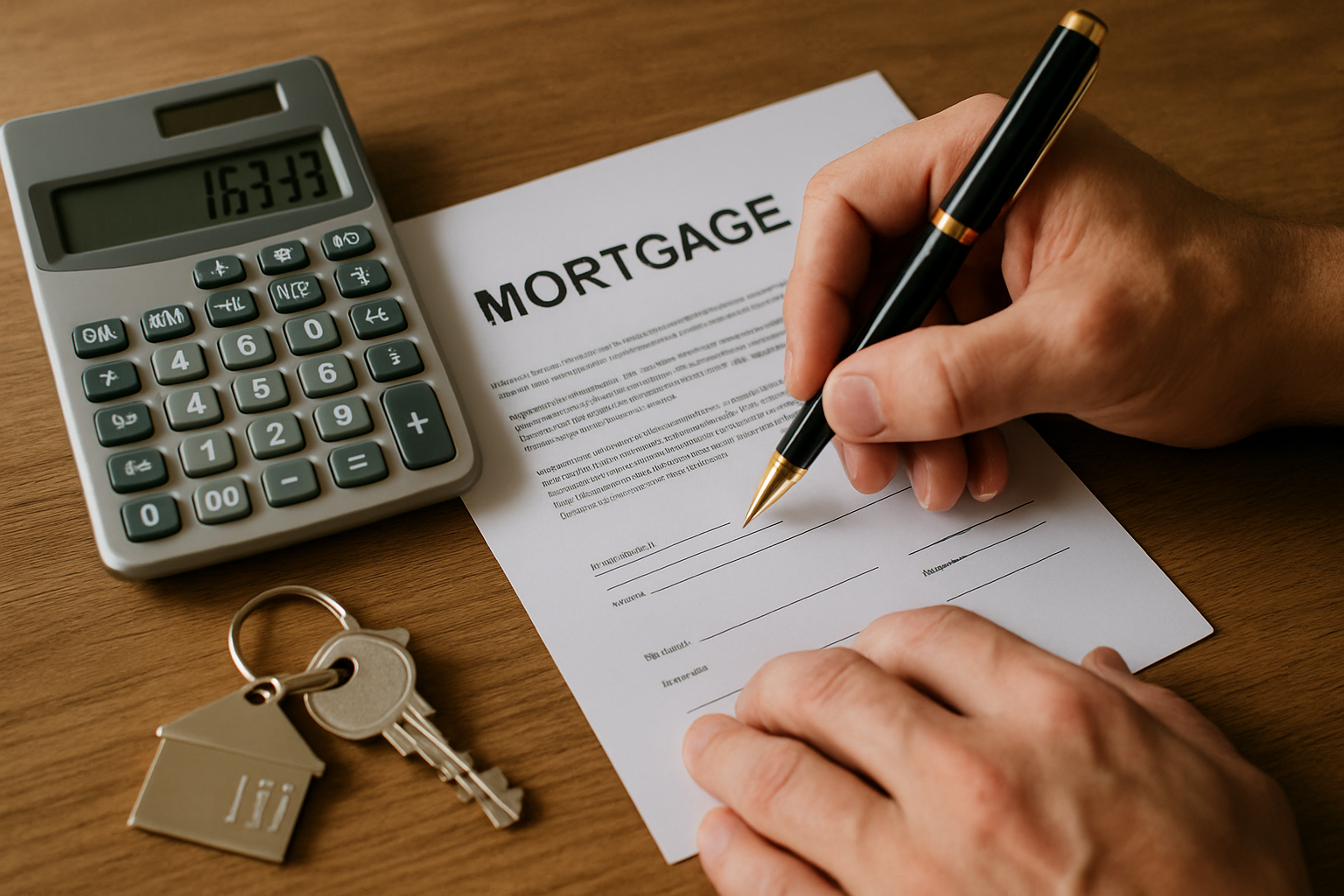 Close-up of hands signing mortgage documents with calculator and keys nearby, symbolising loan qualification. Alt: First home buyer loans perth loan qualification process.