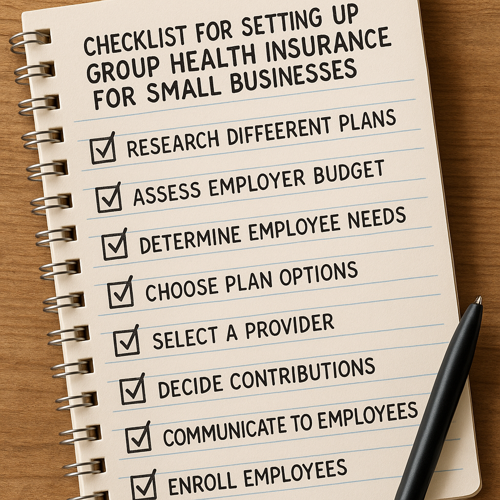 A detailed checklist of steps to set up group health insurance for small businesses. Alt: 