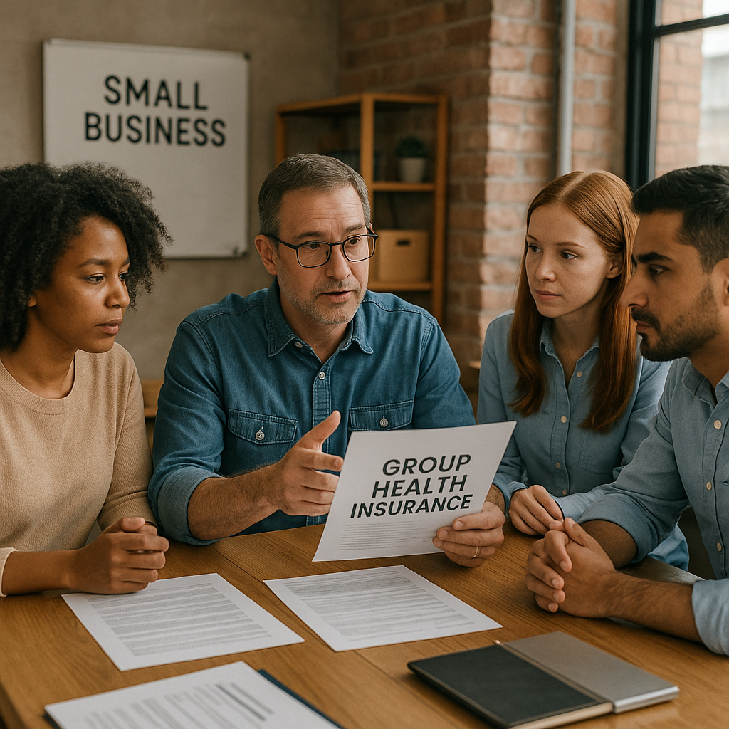 Business owner reviewing group health insurance options with team members. Alt: 