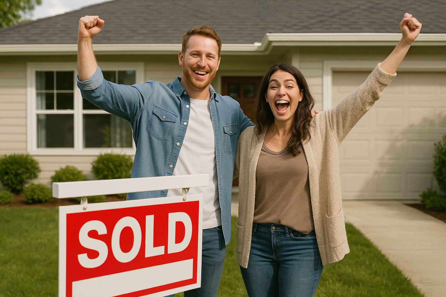 A new home ready for the owners, showcasing a 'Sold' sign. Alt: Home loan pre-approval WA, new homeowners celebrating.