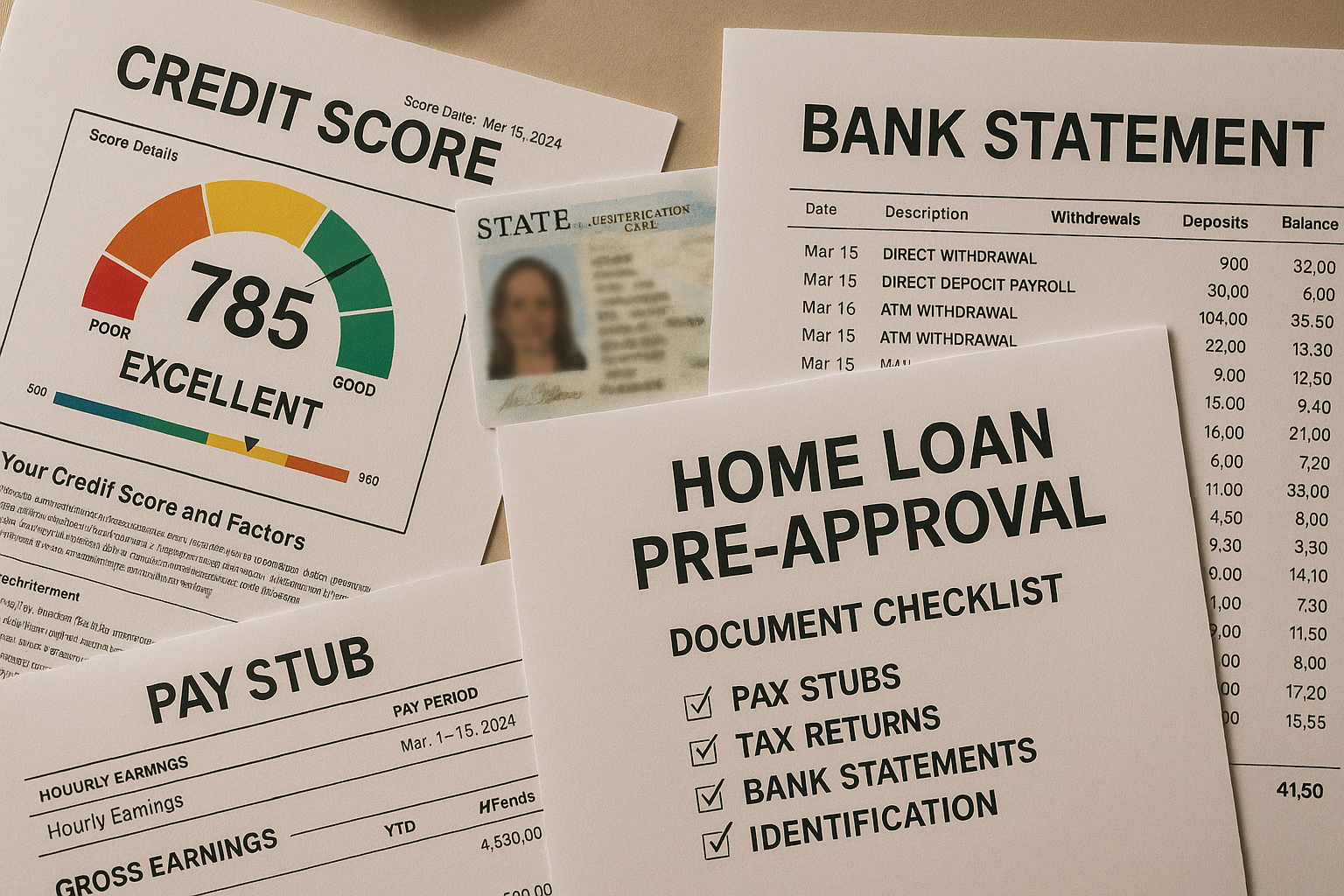 A collage of home financing documents, including credit scores and bank statements. Alt: Document checklist for home loan pre-approval WA.