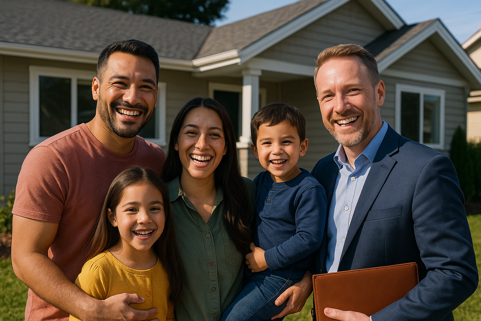 A happy family in front of their new home, smiling with a lender. Alt: Celebrating home loan success in WA.