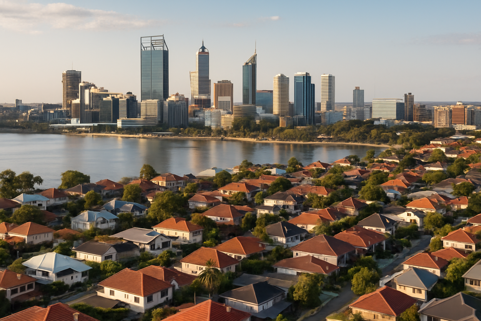 A panoramic view of Perth city skyline highlighting residential suburbs ideal for investment home loans. Alt: Investment home loans Perth real estate market.