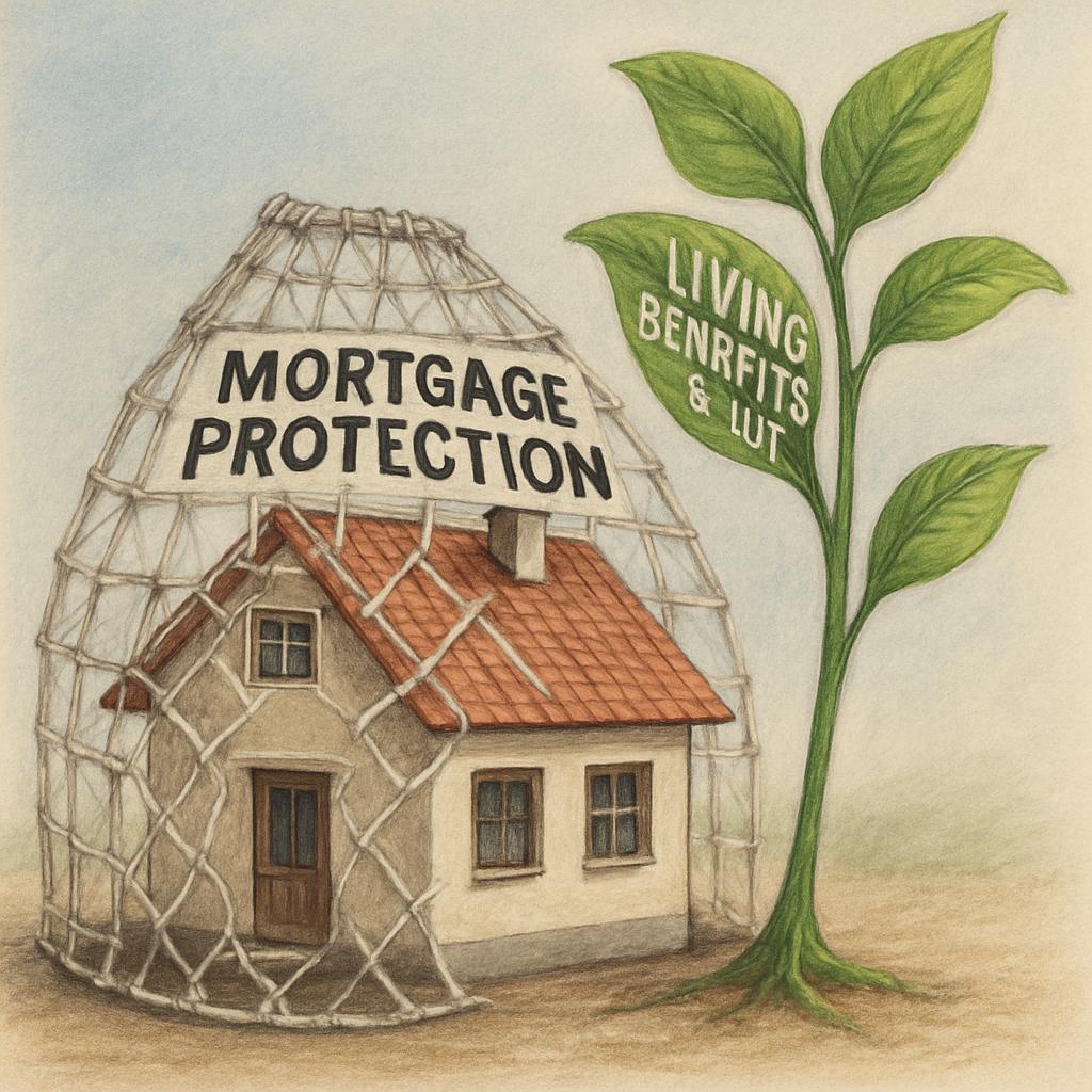 Illustration of a house protected by both a safety net labeled 'Mortgage Protection' and a growing plant labeled 'Living Benefits & IUL' symbolizing financial growth and security. Alt: Mortgage protection life insurance quotes online for homeowners featuring living benefits and indexed universal life insurance.