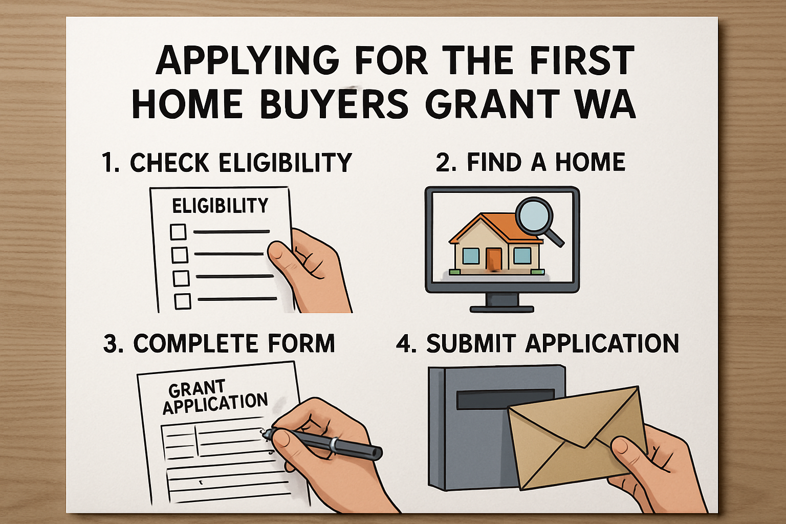 Step-by-step visual guide on applying for the first home buyers grant WA. Alt: stepwise guide applying first home buyers grant wa