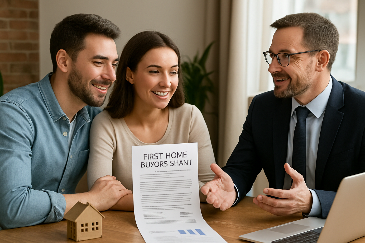 First home buyer couple discussing home loan options with a broker. Alt: first home buyers grant wa influence home loan planning