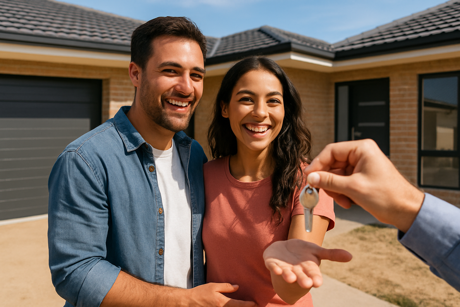 Happy new homeowners receiving keys to their newly built home in Western Australia. Alt: first home buyers grant wa help new WA homeowners
