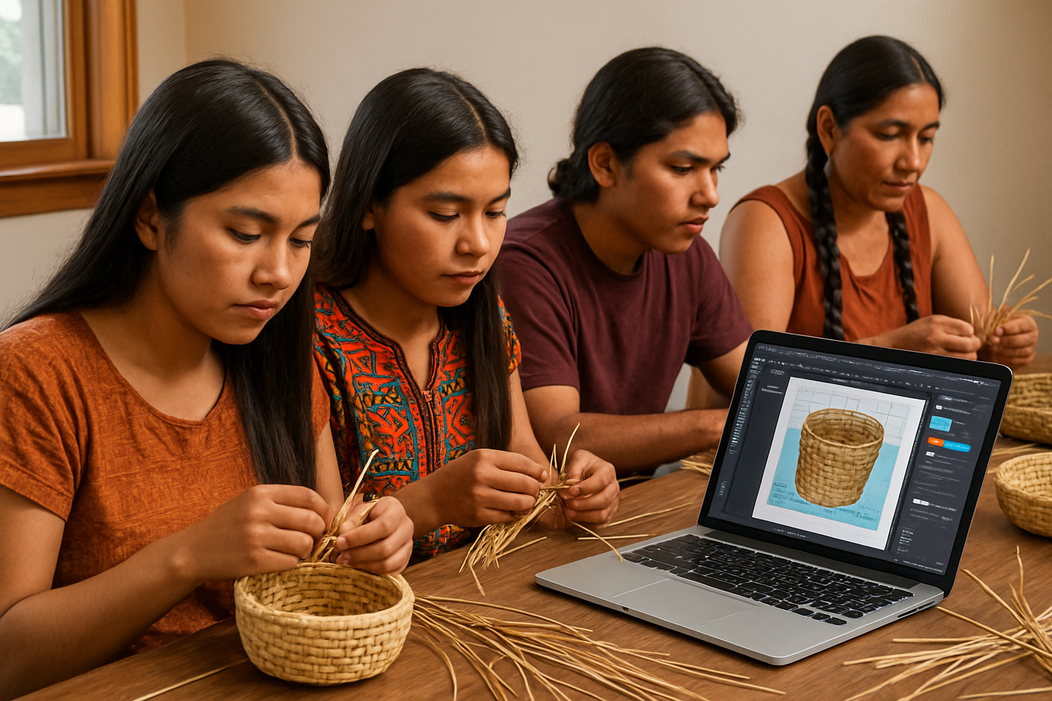 A group of indigenous students learning traditional basket weaving alongside digital design software. Alt: Indigenous creative crafts syllabus blending tradition with digital innovation.