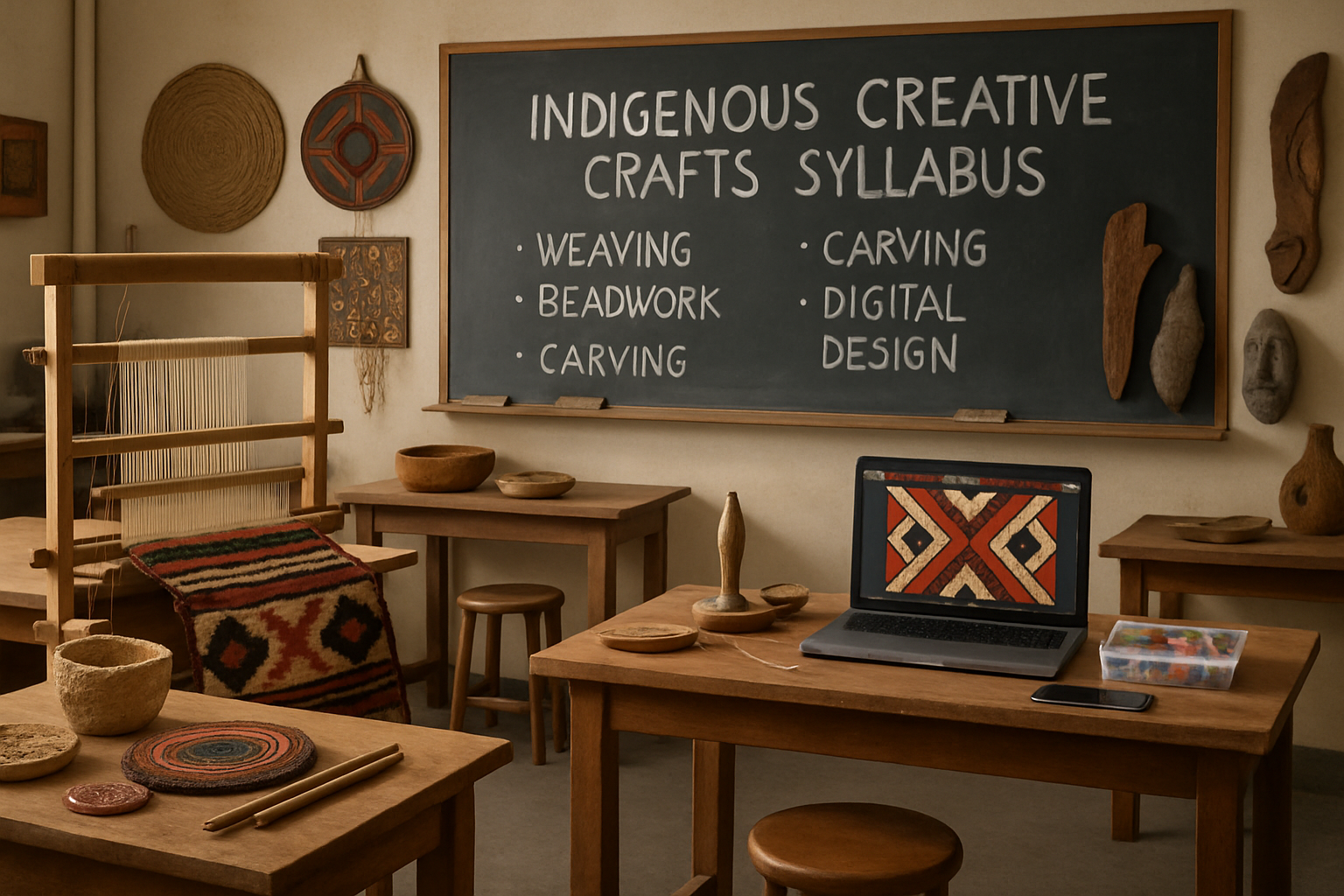 Interior of an indigenous craft studio at a university featuring traditional craft tools and digital equipment. Alt: Indigenous creative crafts syllabus in an academic setting blending tools.