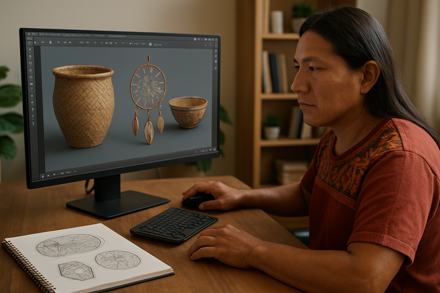 Indigenous artist creating 3D digital renderings of traditional crafts. Alt: Indigenous creative crafts syllabus incorporating digital technology.