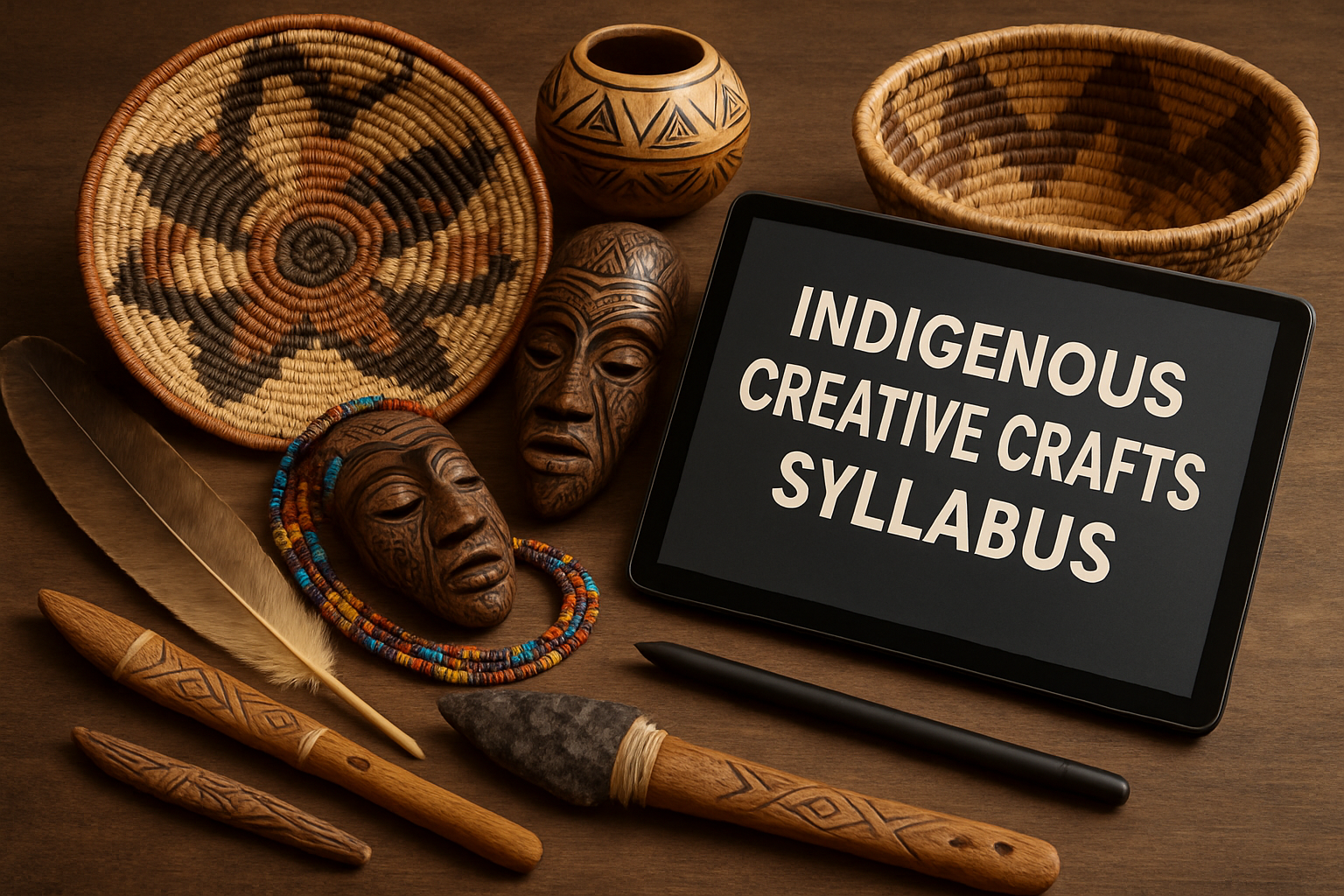 Artistic display of indigenous crafts next to a modern digital design tablet. Alt: Indigenous creative crafts syllabus bridging traditional artistry and modern technology.