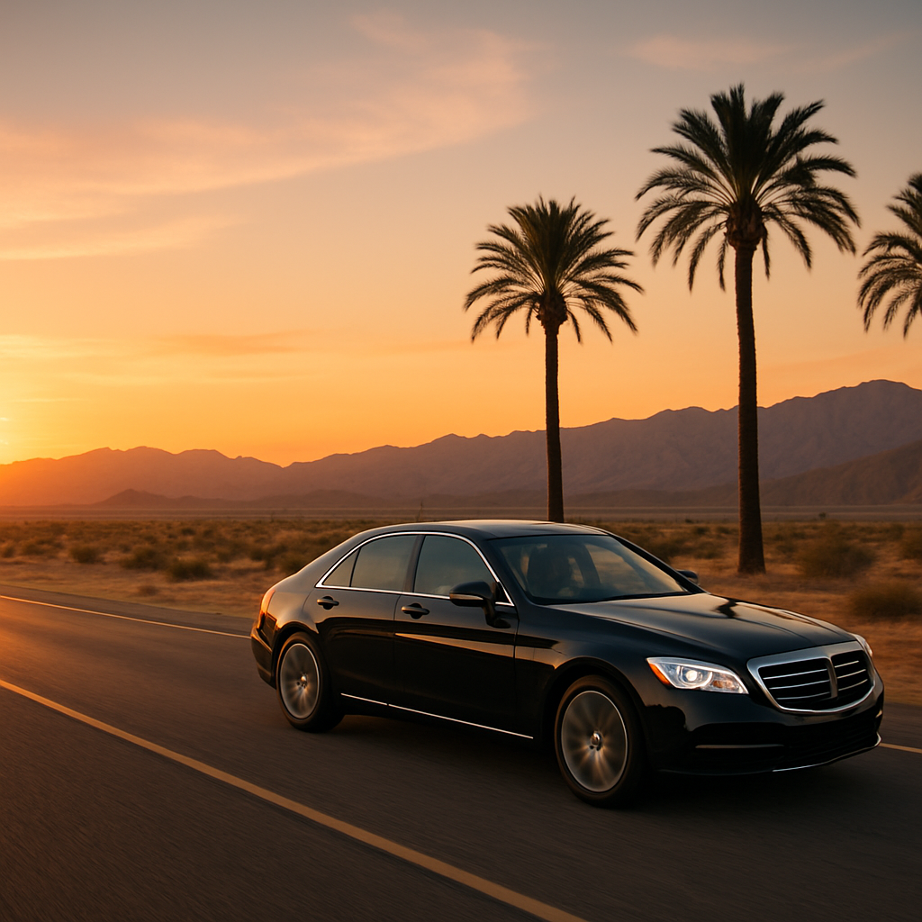 A serene desert highway at sunset with a luxury sedan cruising past palm trees. Alt: LAX to Palm Springs scenic drive