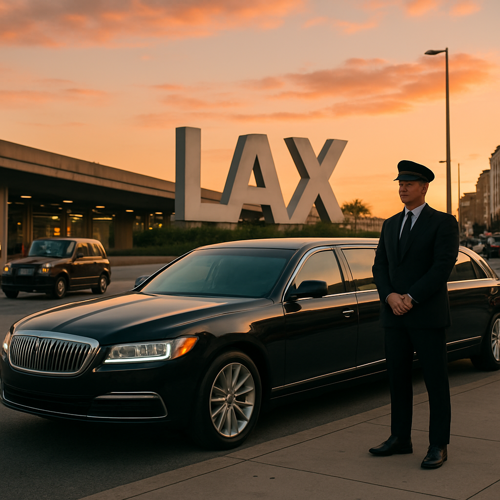 A sleek black limousine parked on the curb of LAX at sunset, with a driver ready for pickup. Alt: Luxury car service vehicle ready for a LAX to Palm Springs ride.