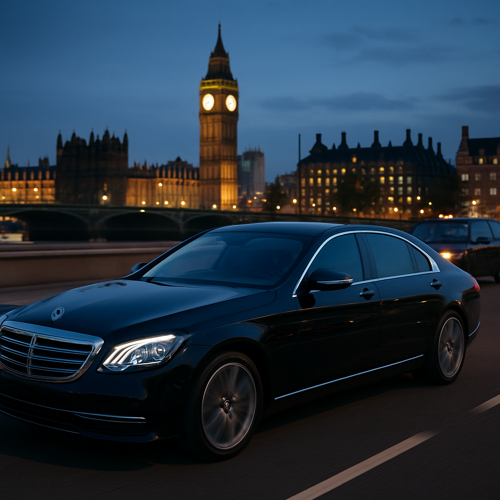 A sleek black luxury sedan cruising along a scenic highway, city lights reflected on the windows, evoking comfort and sophistication. Alt: Luxury sedan on scenic highway.