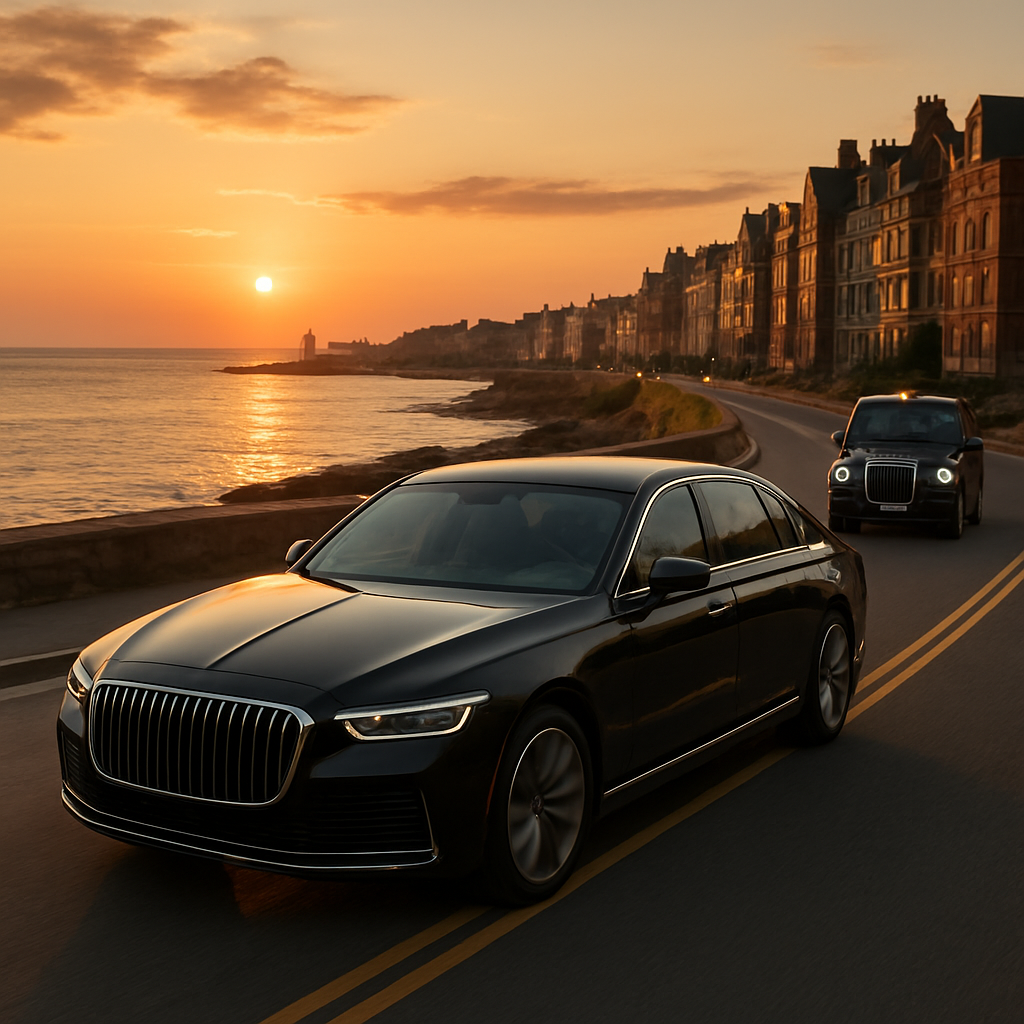 A luxury car cruising along the scenic coastal road between Providence and Boston at sunset. Alt: Luxury car on scenic route from Providence to Boston.