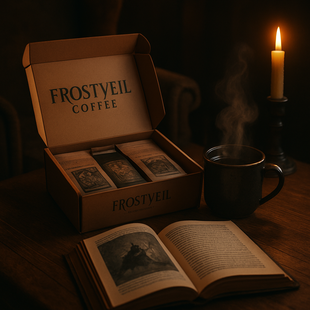 A cozy reading nook illuminated by candlelight, a Frostveil coffee subscription box open on a wooden table, steam swirling from a mug beside an open grimdark novel. Alt: coffee subscription monthly, fantasy coffee ritual, reading nook ambience