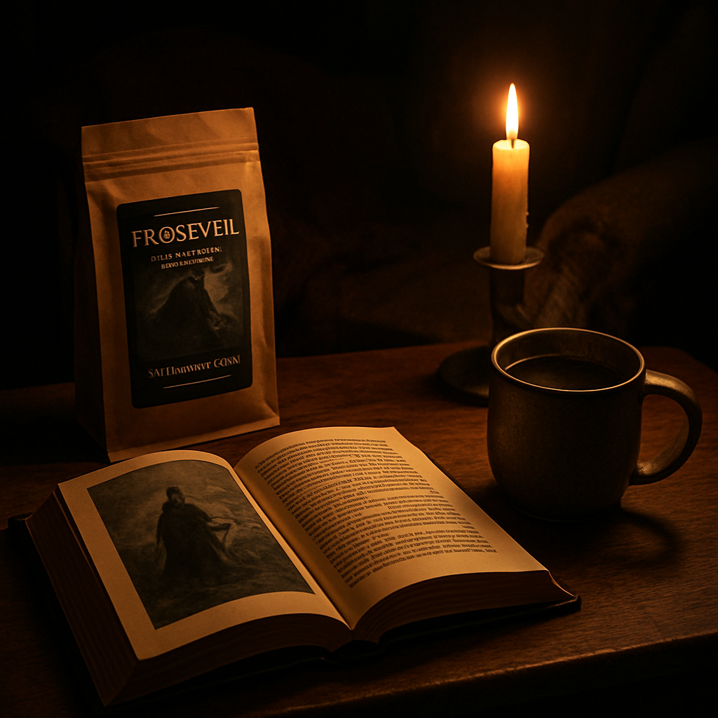 A cozy reading nook at night, a Frostveil coffee bag open on a wooden table, a steaming mug beside an open dark‑fantasy novel, candlelight casting soft shadows. Alt: coffee subscription monthly ritual, fantasy reading, brewing ceremony