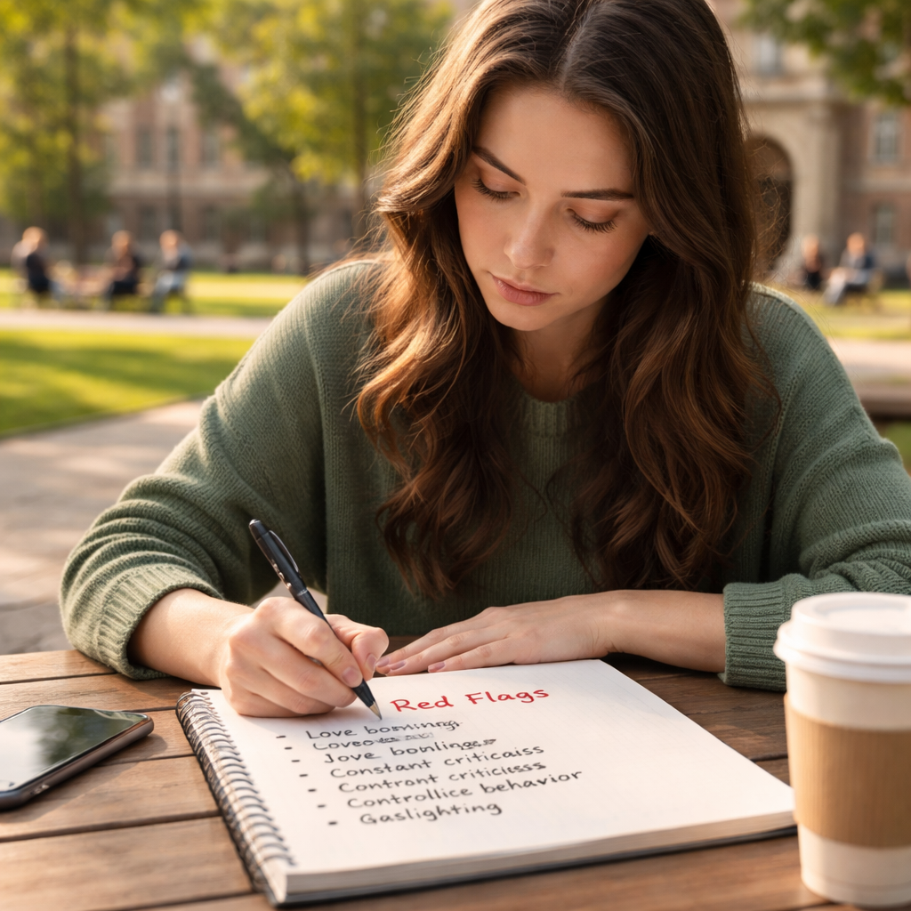 A photorealistic scene of a young adult sitting at a campus coffee table, notebook open, writing down red‑flag behaviors in a tidy list, soft natural lighting, realistic background of a university quad, showing focus and contemplation. Alt: Identifying red flags in toxic relationships, realistic.