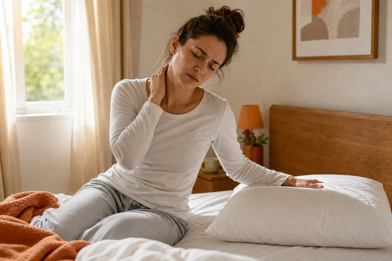 Morning neck stiffness after sleep and checking pillow support.