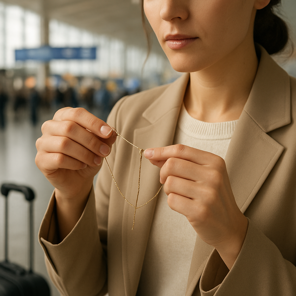 A Realism image showing a woman in a chic travel outfit gently sliding a necklace extender onto a delicate gold chain, with a soft background of a bustling airport terminal. Alt: Necklace extender how to use. 