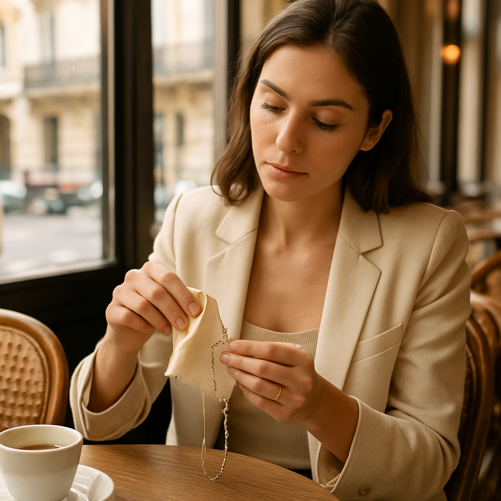 A realistic photo of a woman in a chic Parisian cafe, gently wiping a stainless steel necklace extender with a microfiber cloth, surrounded by warm natural light. Alt: Woman cleaning necklace extender in travel setting.