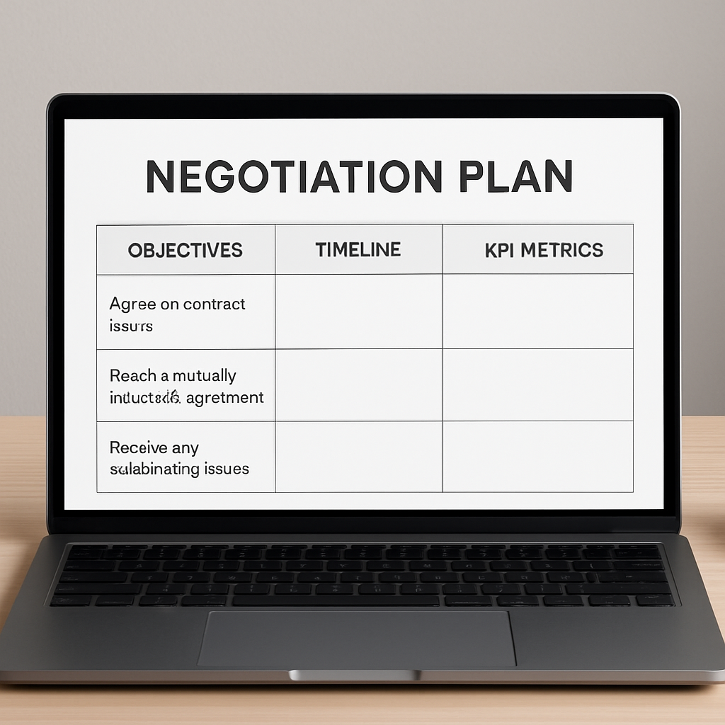A modern, clean negotiation plan template on a laptop screen, showing sections for objectives, timelines, and KPI metrics. Alt: negotiation plan template example with objectives and timeline columns.
