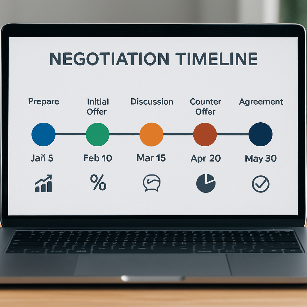 A negotiation timeline chart on a laptop screen, showing milestones, dates, and KPI icons. Alt: negotiation plan template timeline and metrics visualization.