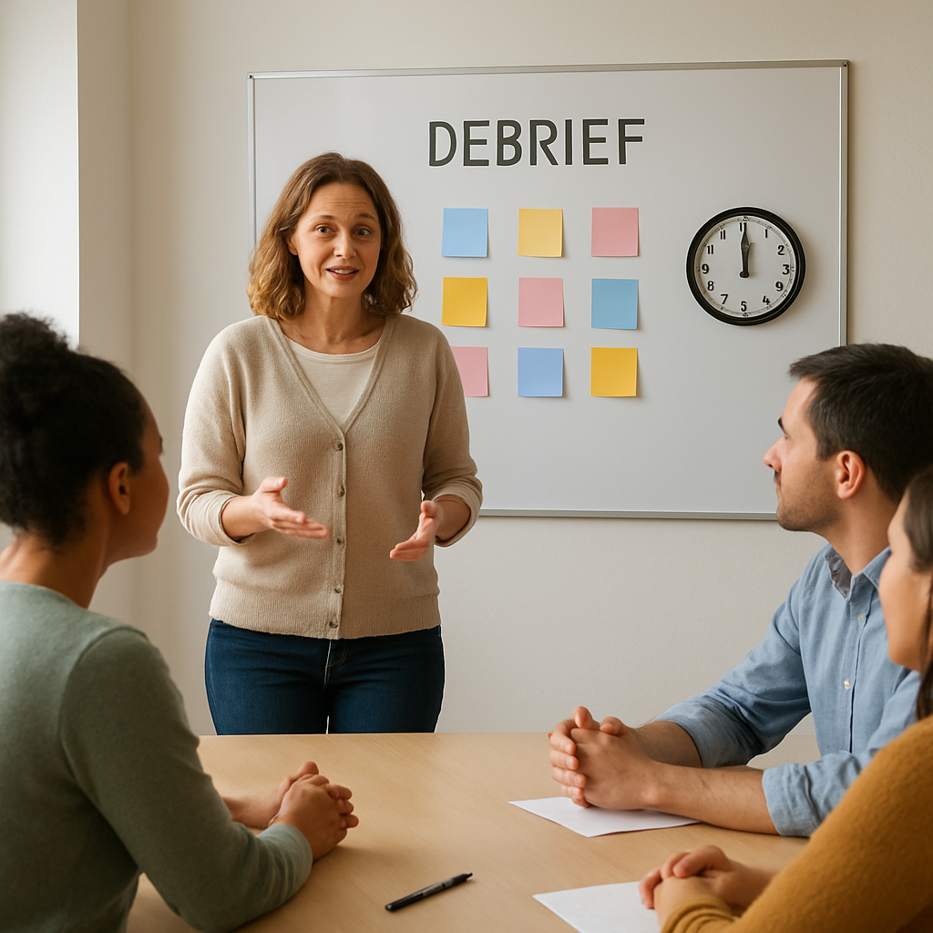 A facilitator guiding a small group through a post‑role‑play debrief, with sticky notes and a timer visible. Alt: negotiation role play debrief session illustration