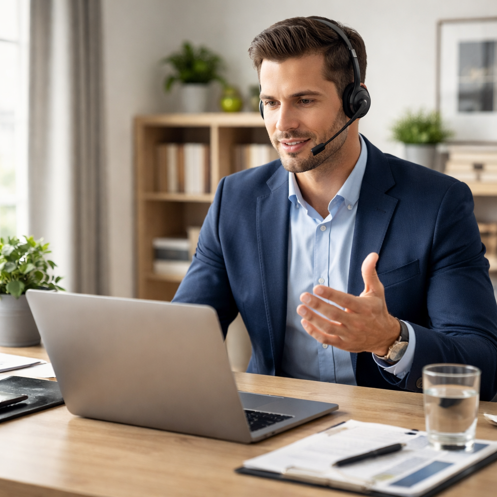 A photorealistic scene of a corporate negotiator sitting at a tidy home office desk, laptop open, headset on, soft natural light, realistic style. Alt: negotiation techniques for virtual meetings workspace