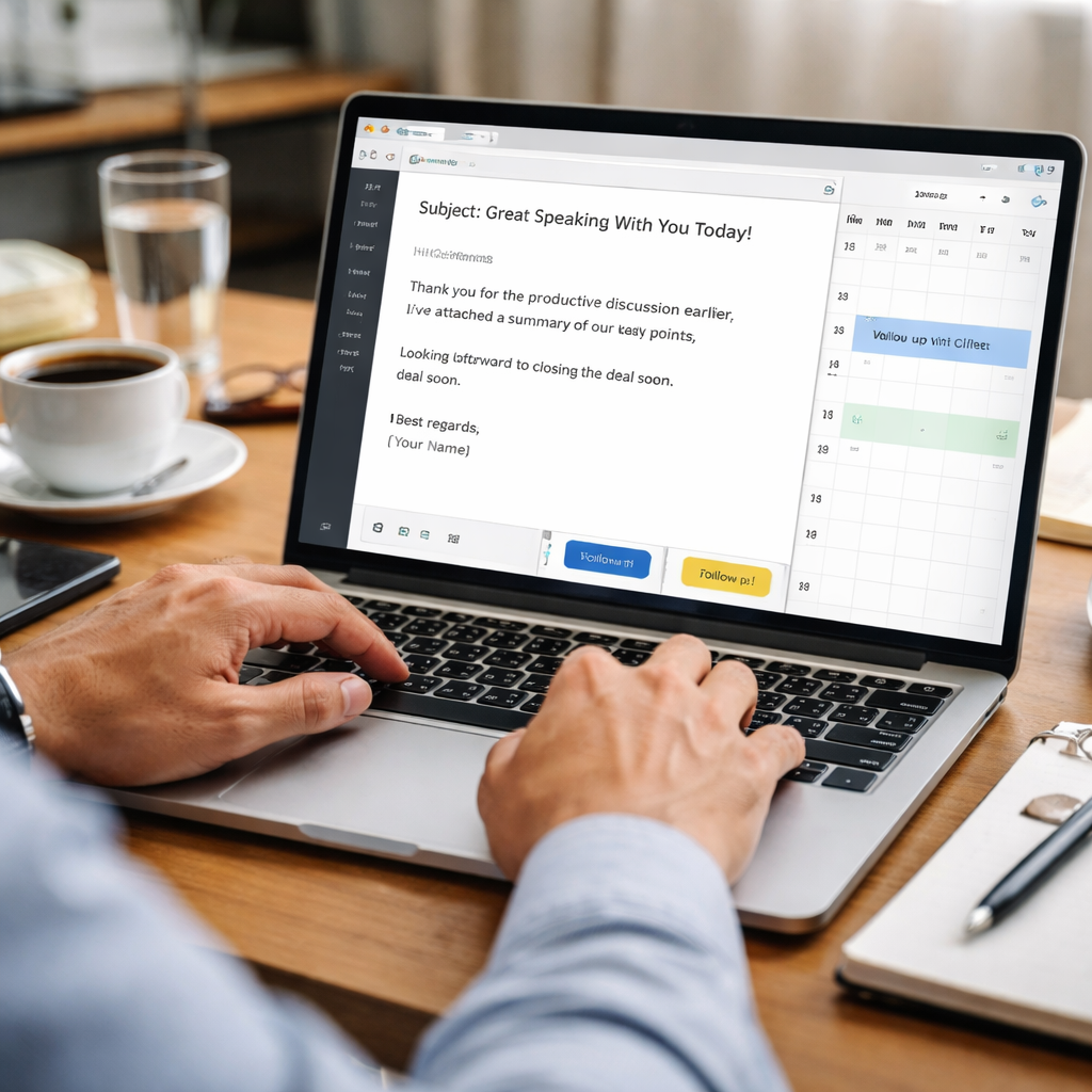 A photorealistic scene of a professional on a laptop, sending a concise follow‑up email after a virtual negotiation, with a calendar reminder visible on screen. Alt: negotiation techniques for virtual meetings close the deal follow up.