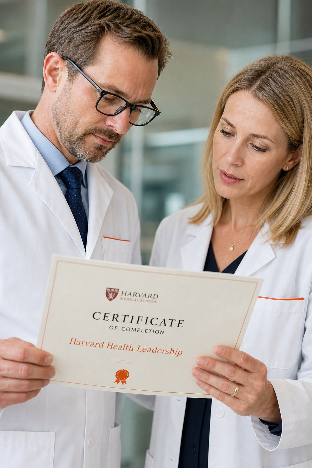 A photorealistic close‑up of a certificate being reviewed by clinicians in a hospital setting. Alt: Harvard Health Leadership Certificate visual concept.