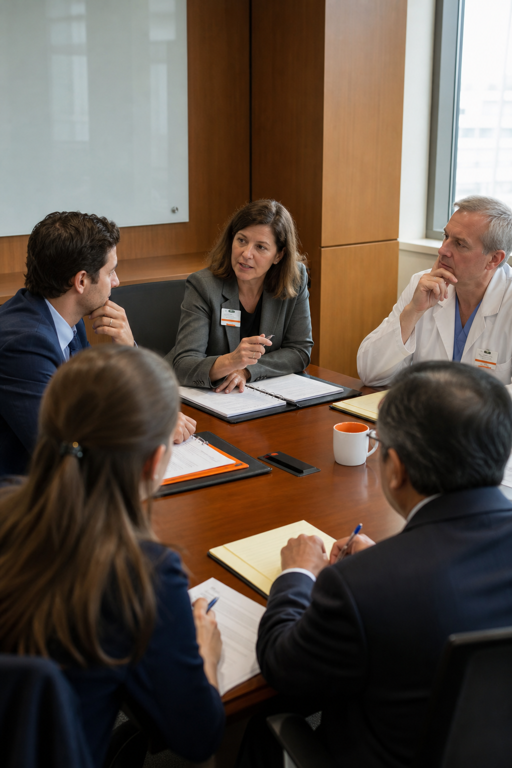 A realistic clinical negotiation scenario in a training room with actors and clinicians discussing a mock purchase agreement. Alt: Cleveland Clinic negotiation simulation visual.